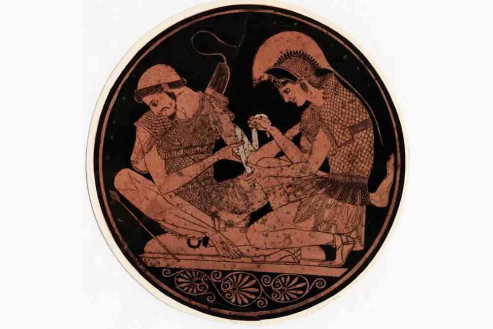 Achilles bandaging the wound of his friend Patroclus